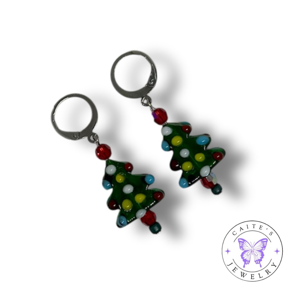 Handmade Silver Round Leverback Earrings with Christmas Tree Beads - Picture 2 of 3